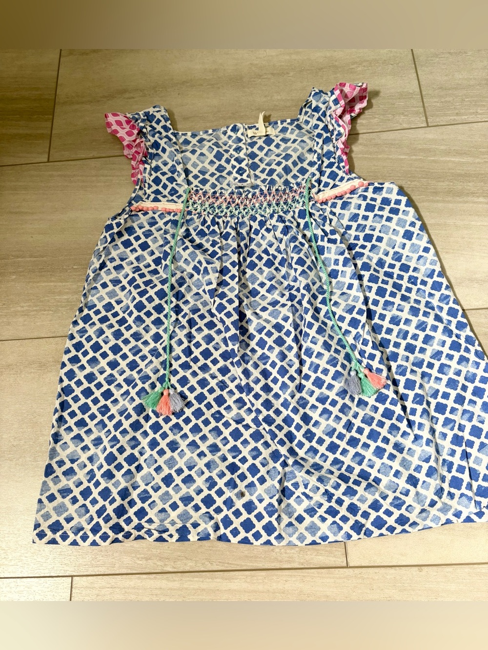 Matilda Jane Blue Diamond-Print Women’s Top with Pink Ruffle Sleeves